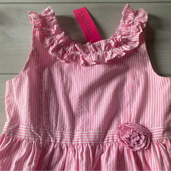 NWT Lilly Pulitzer Pink Striped Seersucker Kids Dress with Floral Detail - Picture 2 of 3